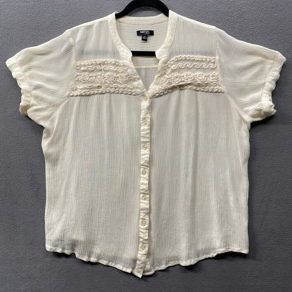 Krazy Kat Top Womens 1X Cream Button Down Short Sleeve Lace Cottagecore